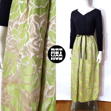 Fancy Vintage 60s 70s Black & Green Floral Metallic Brocade Long Party Dress by Alice of California 