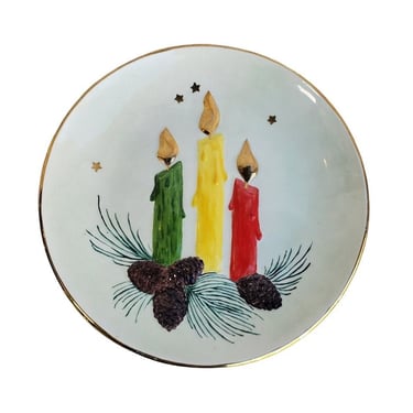 1952 Mid Century Modern E. Gower Ceramic Plate Gold Green Yellow Red Candles 