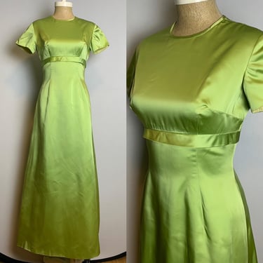 Vintage 60’s Lime Green Satin Maxi Dress Size XS 2 