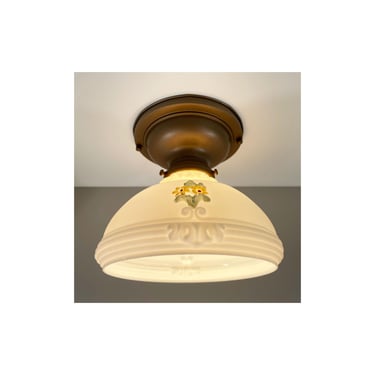 Victorian Era Ceiling Light - Pressed Brass Canopy with Floral Shade - White with Yellow Flowers - Ready to Hang - 1920's 