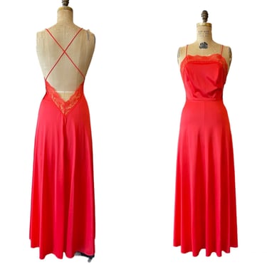 1970s nightgown, red nylon, vintage 70s lingerie, backless, spaghetti straps, sexy nightie, pin up, small, disco 