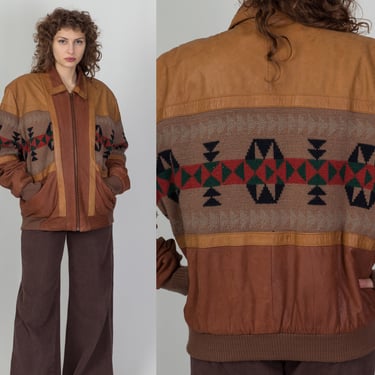 80s Leather Southwestern Knit Bomber Jacket - Men's Large | Vintage Adler Brown Color Block Zip Up Coat 