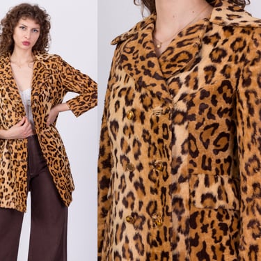 60s Faux Fur Leopard Print Jacket, As Is - Extra Small | Vintage Notched Collar Animal Print Double Breasted Button Up Coat 