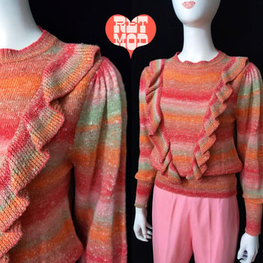 Unique Vintage 70s Pink Orange Gradient Stripe Boho Sweater by Joyce with Ruffles 