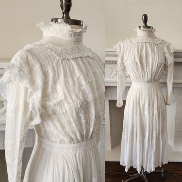 Antique Edwardian Lawn Dress - White Cotton Lace Embroidery AS IS 
