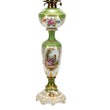 Antique Lamp, Porcelain, Floral, Converted Oil, Green Gilt, German,Early 20th C.