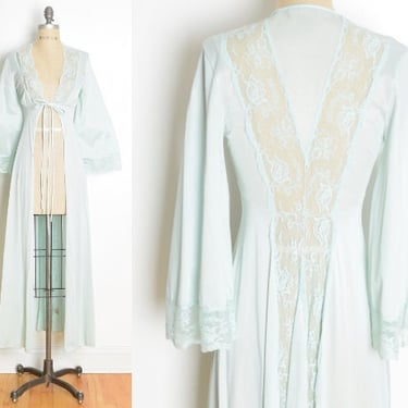 vintage 70s robe bed jacket aqua nylon lace bell sleeve peignoir duster XS S lingerie clothing 
