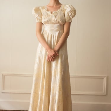 1930s Pearl Flocked Satin Puff Sleeve Gown 