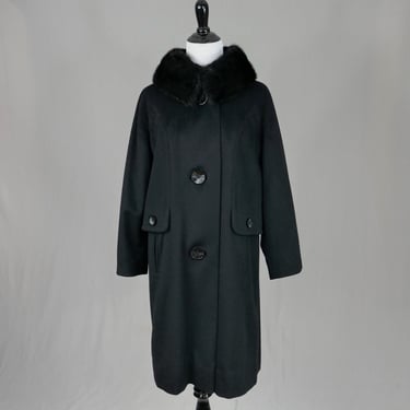 60s Kay McDowell Coat - Black Wool w/ Fur Collar - Big Buttons - Vintage 1960s - Size S M 