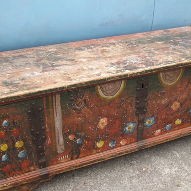 Bohemian Hand Painted Trunk Scandinavian folk art Antique Primitive Wooden Trunk European Pine Chest Distressed Wood Large Entry Bench 