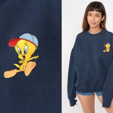 Tweety Bird Sweatshirt 90s Looney Tunes Shirt Cartoon Animal Navy Blue Graphic Retro 1990s Vintage Warner Bros Crewneck Extra Large xl 