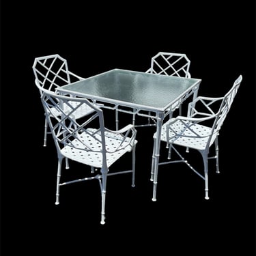 Incredible set of vintage Brown Jordan faux bamboo Calcutta dining chairs and table. 