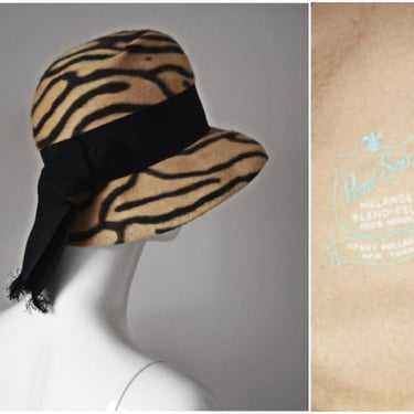 vtg 60s RARE Pore Soir Henry Pollak New York tiger stripe wool felted hat w/ ribbon detail  | vintage pinup 1960s | 