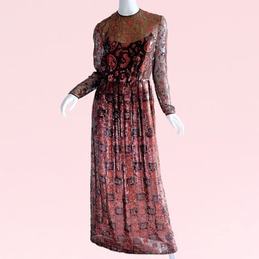 1970s Vintage Bill Blass Sequin Evening Gown, Neiman Marcus Art Deco Metallic Red Carpet Medium 