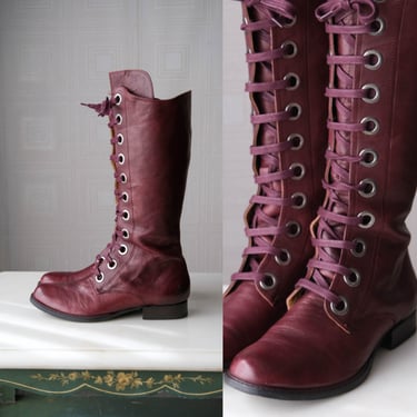 JOHN FLUEVOG Oxblood Leather Laced & Side Zipped Riding Boots | Made in Portugal | Size 9 | 100% Leather | 2000s Y2K Designer Womens Boots 