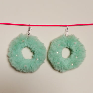 Seafoam Green Fuzzy Extra Large Hoop Earrings With Pearl Accents - One of a Kind 