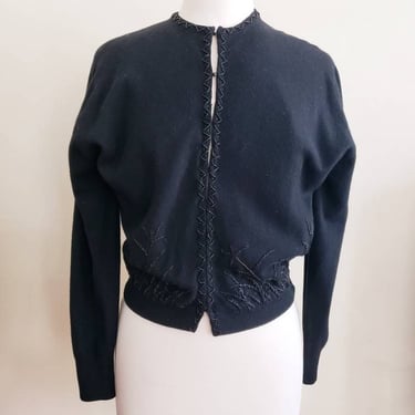 1950s Black Wool Cardigan Beaded / 50s Black on Black Embroidered Sweater / Med / Patrice 