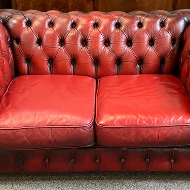 Item #DA3 Vintage Oxblood Red Leather Chesterfield Two Seat Sofa