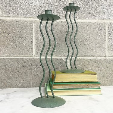 Vintage Candlestick Holders Retro 1980s Post Modern + Wavy + Squiggle + Set of 2 + Green + Hammered Metal + Candle + Home and Table Decor 
