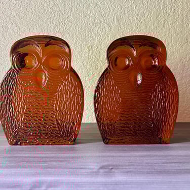 Vintage Blenko Owl Amber Textured Glass Owl Figurine Bookends, Blenko Owl bookends 