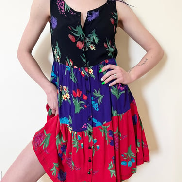 80’s Betsey Johnson Punk Label Rayon Color Block Floral Flowy Mini Dress Button Up
