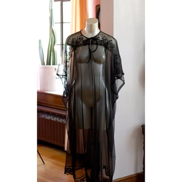 Vintage Black Lace Negligee - 1970s - Sheer Peignoir, Robe, Nighty - Witchy, Vampy, Goth, Elvira, Halloween 