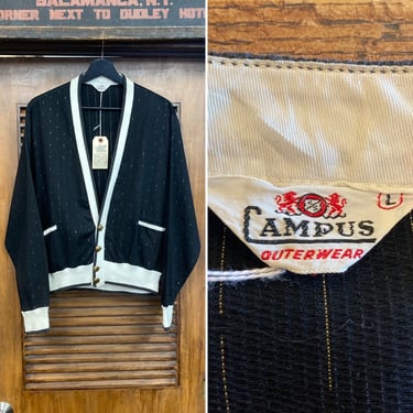 Vintage 1950’s “Campus” Jet Black Cotton Rockabilly Cardigan Jacket, Gold Lurex Fleck Detail, 50’s Vintage Clothing 