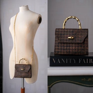Vintage 80s THE LIMITED Paisley Vuitton Styled Mini Convertible Crossbody Handbag w/ Gold Bamboo Handle | 1980s 1990s Designer Micro Bag 
