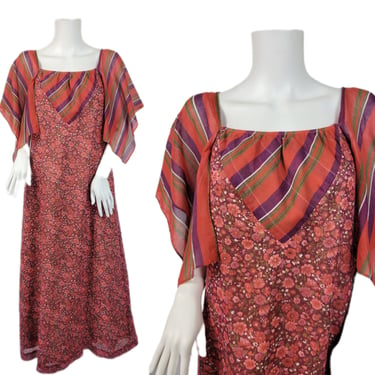 1970's Burgundy Green Floral Hawaiian Handkerchief Sleeve Caftan Dress I Sz Med -Lrg I Sears Hawaiian Fashion 