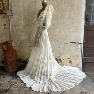 Antique Edwardian White Cotton Dress Lace &  Embroidery Lace Bridal  Vintage