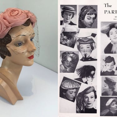 Her Parisian Look - Vintage 1950s Mauve Pink Chiffon Rayon Rosette Caplet Hat w/Veil 