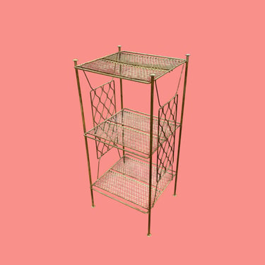 Vintage Plant Stand Retro 1960s Mid Century Modern + Gold + Metal + 3 Open Shelves + Cut and Bent Metal Design + MCM Furniture + Phone Table 