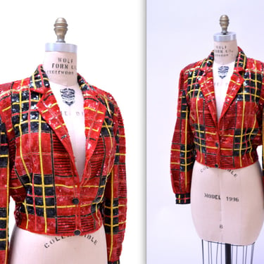 90s Vintage Red Sequin Jacket Size Medium in Red Black Tartan Plaid by Modi Sequin Christmas Holiday Party Jacket Red Sequin Blazer Jacket 