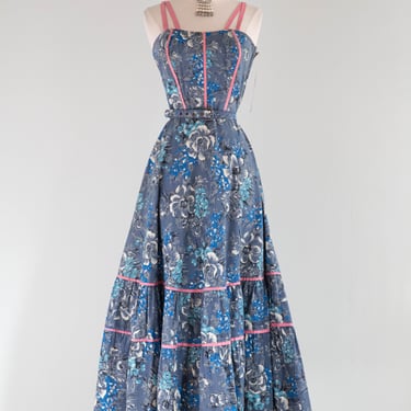 Beautiful Early 1950's Romantic Blue Floral Cotton Dress With Pink Accents / Small