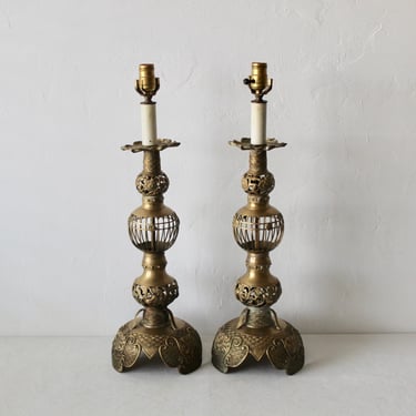 Vintage Art Nouveau Style Ornate Cast Pierced Brass Table Lamp-a pair 