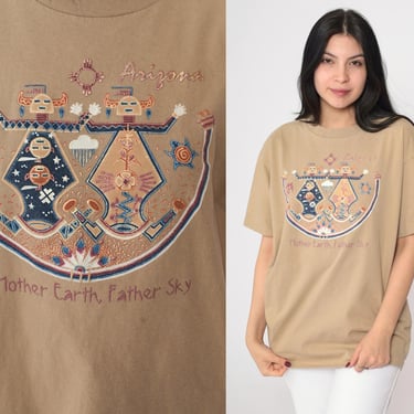 90s Arizona T-Shirt Beige Tee Native American Mother Earth Father Sky Graphic Vintage 1990s Short Sleeve Top Cotton Medium Large 