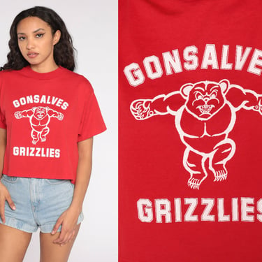 Gonsalves Grizzles Shirt 90s Red Graphic Tee Screen Stars Cerritos California Elementary School TShirt Bear Crop Top Vintage 80s Large L 