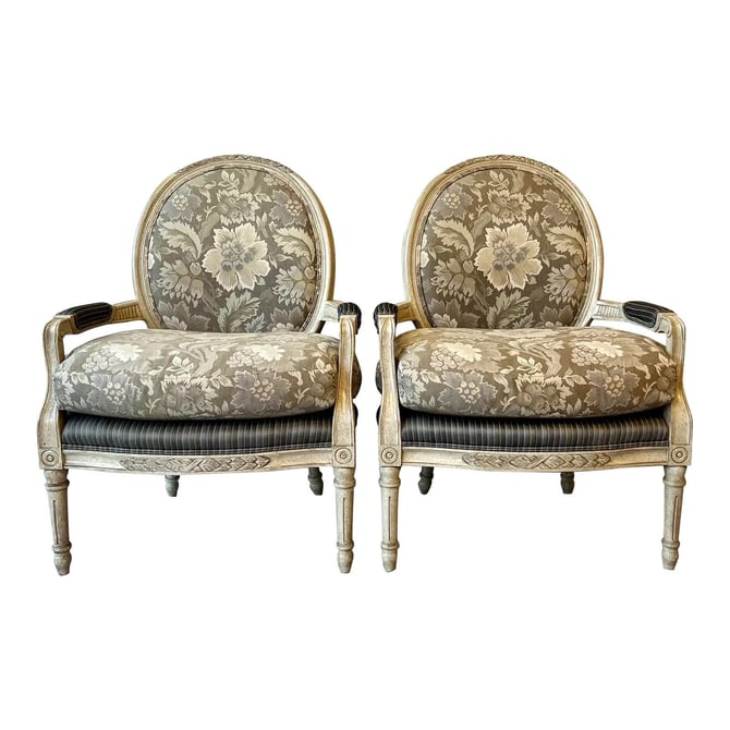 Marge Carson Louis XVI Style Fauteuil Armchairs - a Pair 
