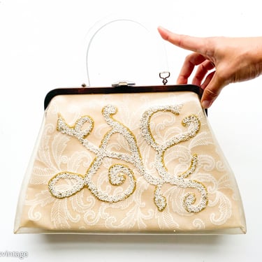 1950s Creme Seed Beads Handbag | 50s Beaded Snake Plastic Purse 