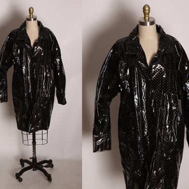1980s Black and Gold Vinyl Long Sleeve Polka Dot and Striped Raincoat by Kenn Sporn for Wippette 