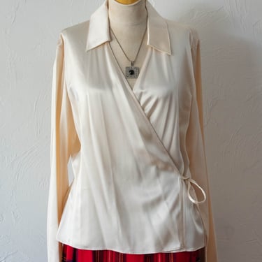 Vintage 90s Emanuel Ungaro Cream Satin Wrap Blouse S/M