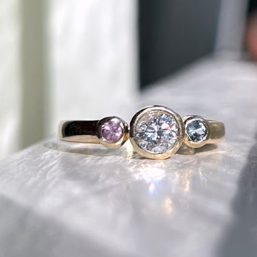 Diamond Ring with Pink and Blue Sapphire Three Bezel Engagement Ring 1/2 carat F I1 Diamond Ring in 14k yellow gold 