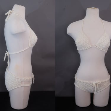 70s Two-Piece Crochet Swimsuit | Unworn with tags | Boho Bikini | Low Rise Hip Hugger Bottoms  | Triangle Self Tie Top | XS 