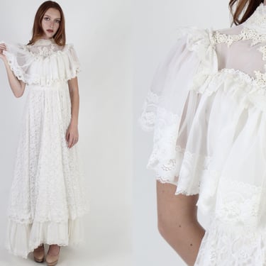 Vintage 60s Prairie Wedding Dress / Sheer White Floral Lace Maxi / High Collar Solid Bridal Dress / Victorian Inspired Long Dress 