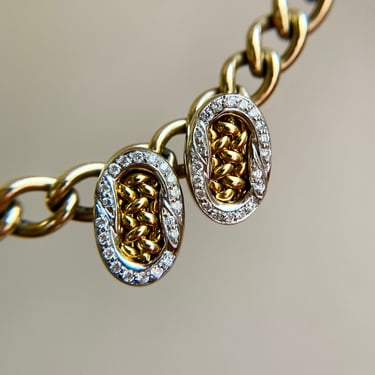 Chic Vintage Italian 18K Bicolor Gold Mesh & Diamond Huggie Earrings 11g Estate 