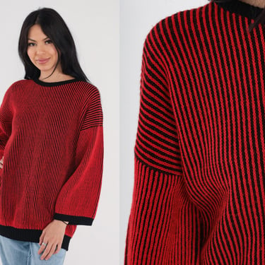 Red Striped Sweater 80s 90s Wide Sleeve Black Pullover Knit Sweater Drop Shoulder Crewneck Jumper Retro Acrylic Knitwear Vintage 1990s XL 