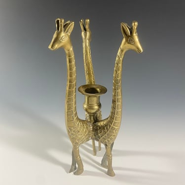 Vintage Brass Indian Candle Holder, Three Giraffes Design 