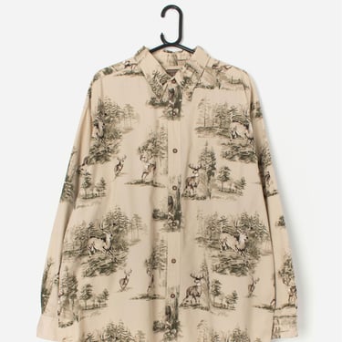 Vintage woodland deer shirt Autumn shirt in beige and forest green - XL / 2XL 