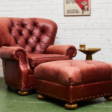 Oxblood Tufted Leather Lounge Chair & Ottoman English Club Style