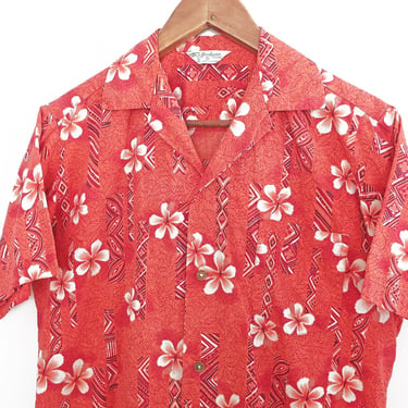 vintage Hawaiian shirt / aloha shirt / 1960s salmon Hawaiian aloha tiki print floral cotton short sleeve shirt Small 